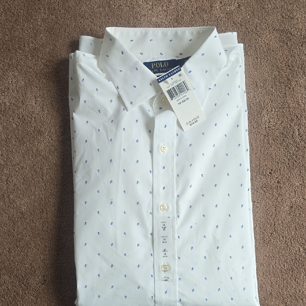 POLO RALPH LAUREN WHITE with Blue Print Button Down, 18 - 34/35 Mens Shirt